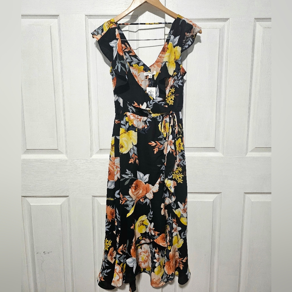 Socialite Black Floral Faux Wrap Dress